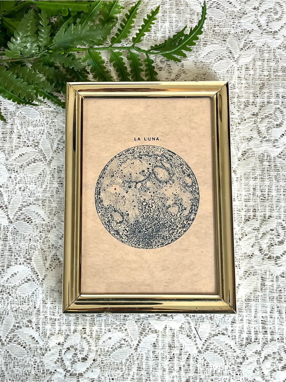 Vintage Solid Brass Framed La Luna Moon Decor 5x7